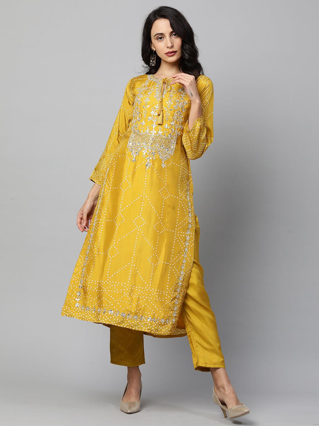 Bandhani & Gota Patti Embroidered Kurta with Solid Pant & Dupatta - Mustard - Indiakreations