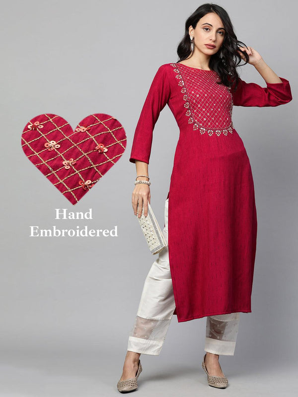 Floral Hand Embroidered Striped Straight Kurta - Hot Pink - Indiakreations