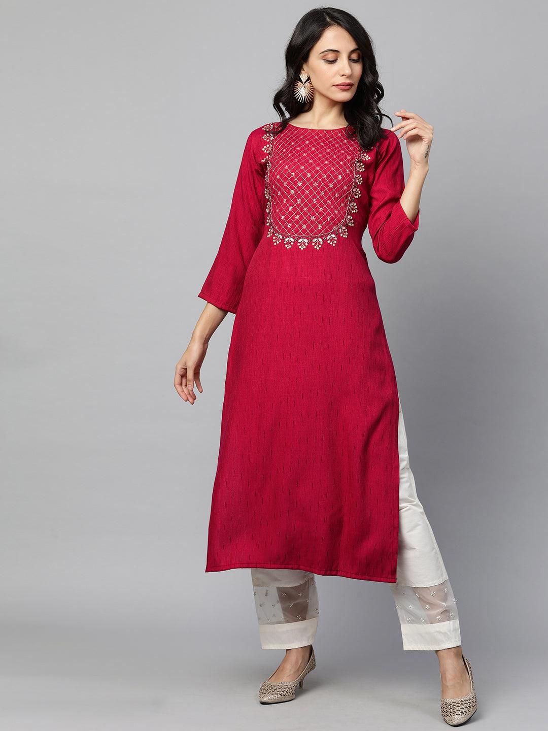 Floral Hand Embroidered Striped Straight Kurta - Hot Pink - Indiakreations