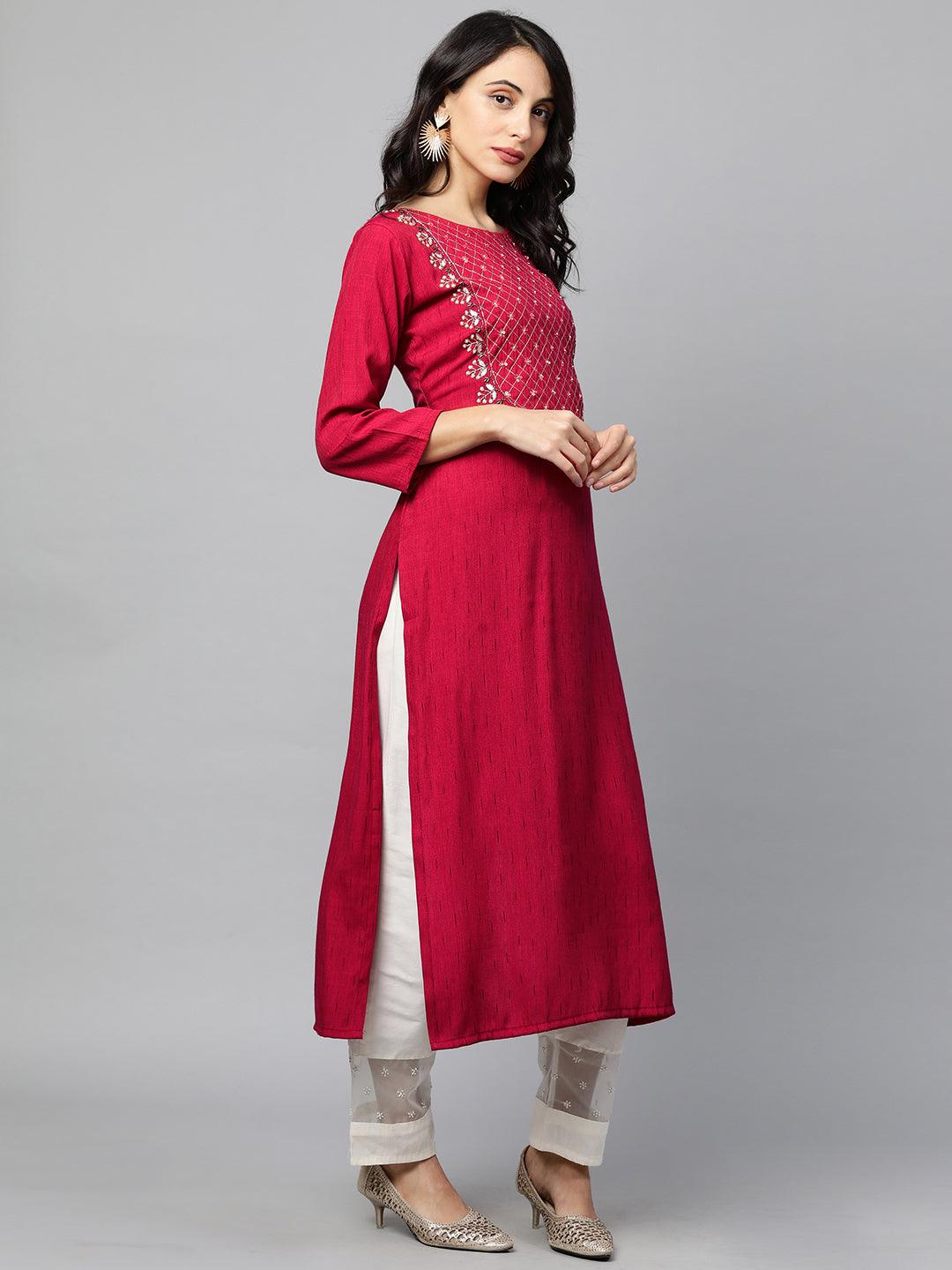 Floral Hand Embroidered Striped Straight Kurta - Hot Pink - Indiakreations