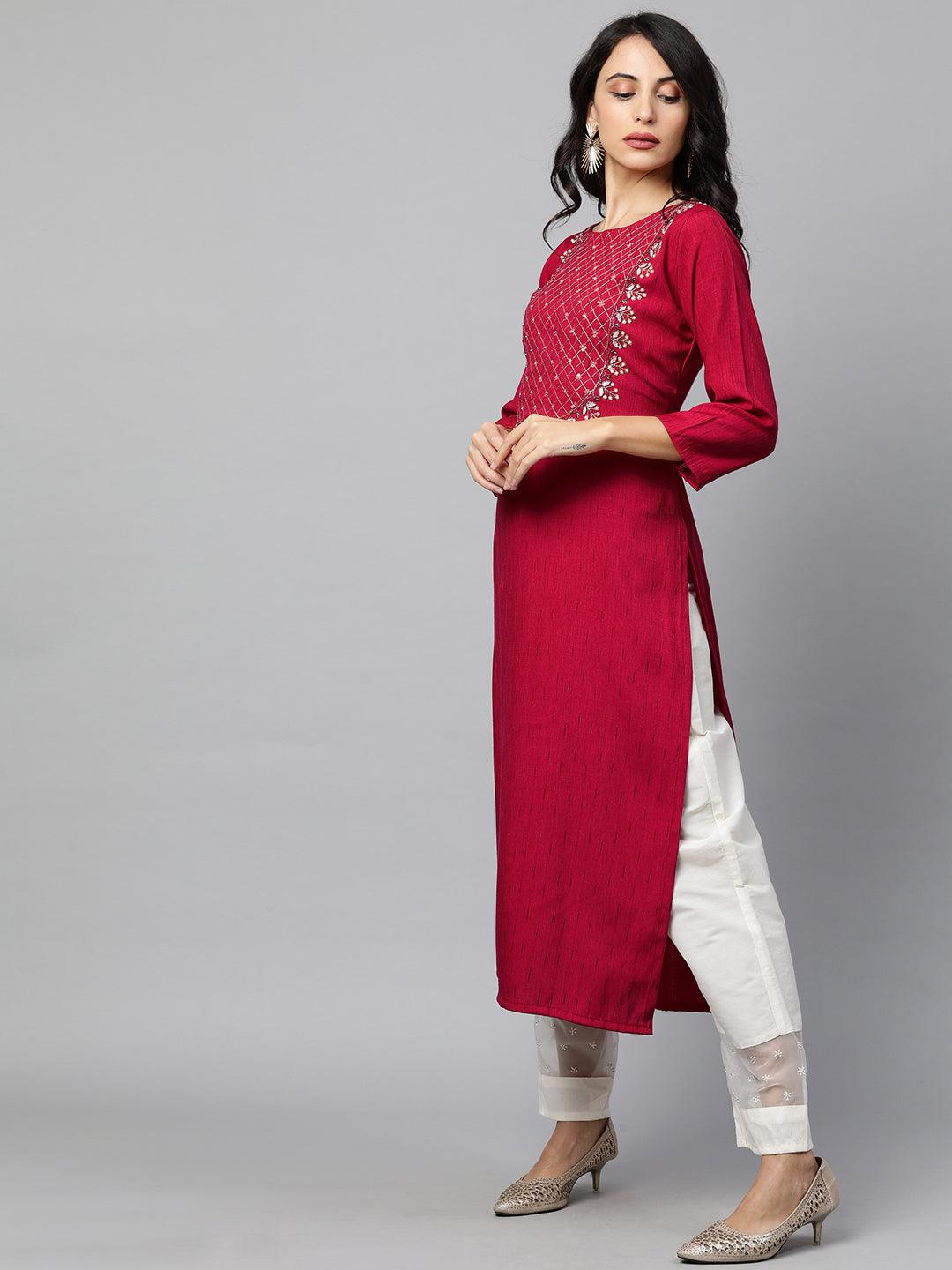 Floral Hand Embroidered Striped Straight Kurta - Hot Pink - Indiakreations