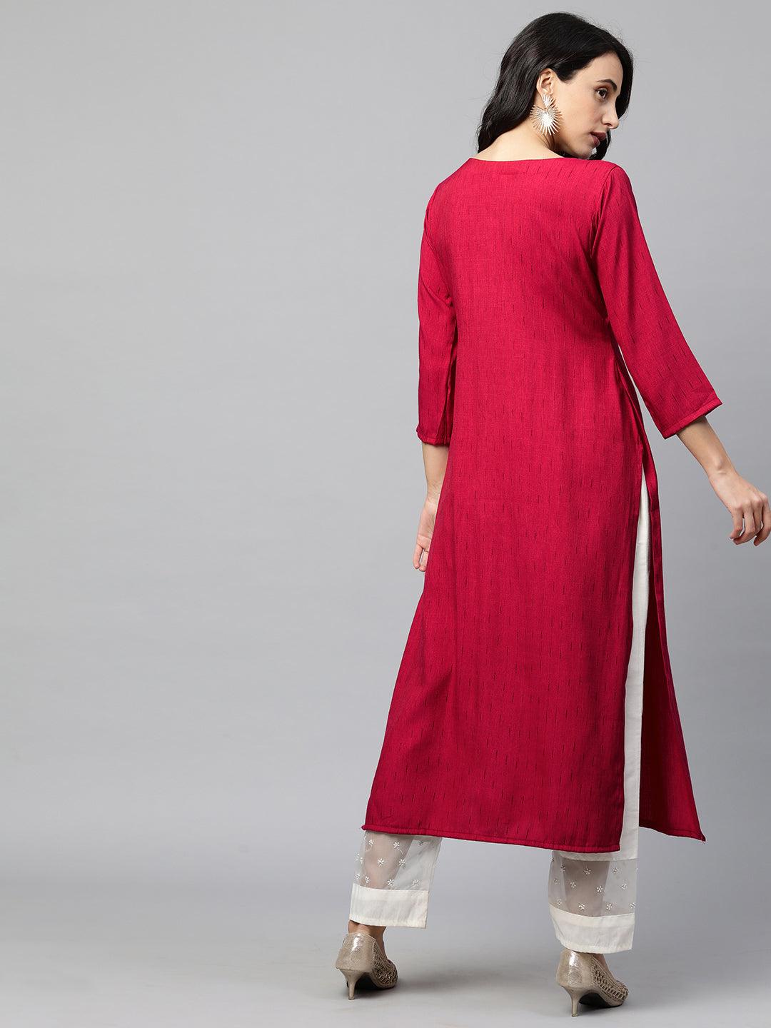 Floral Hand Embroidered Striped Straight Kurta - Hot Pink - Indiakreations