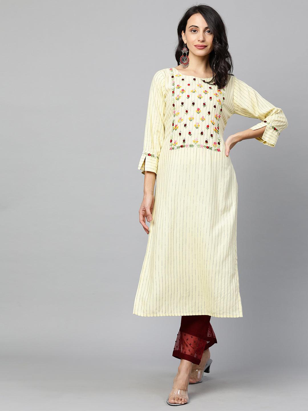 Floral Embroidered & Striped Straight Kurta with 2-Ply Mask - Pale Yellow - Indiakreations