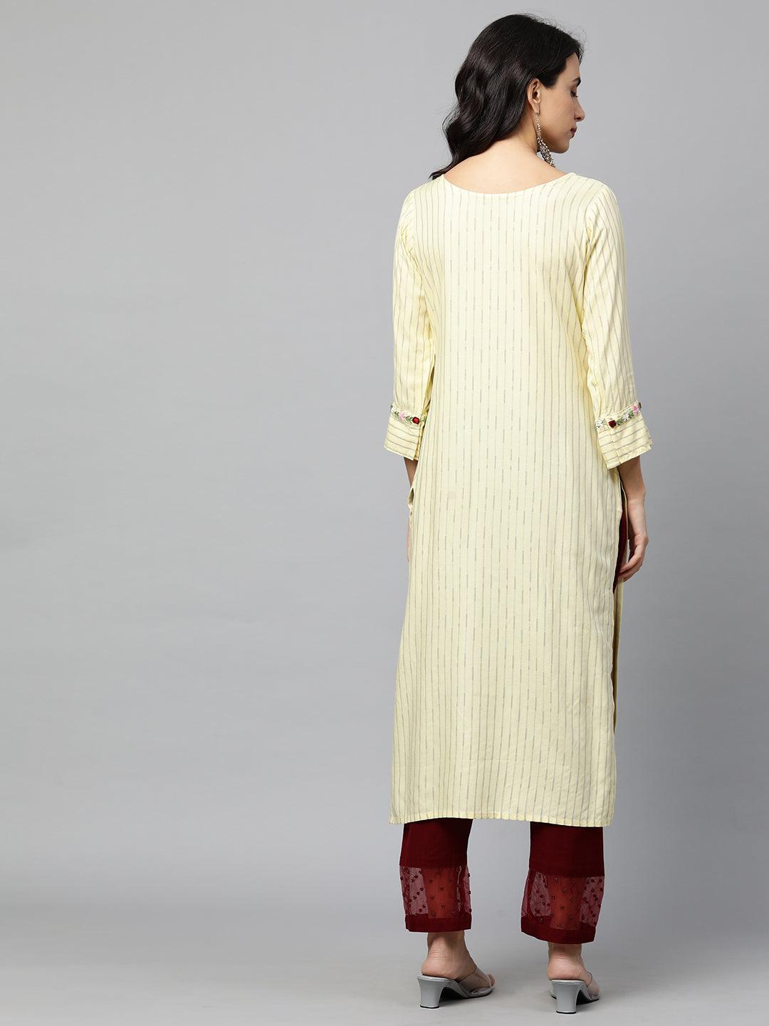 Floral Embroidered & Striped Straight Kurta with 2-Ply Mask - Pale Yellow - Indiakreations