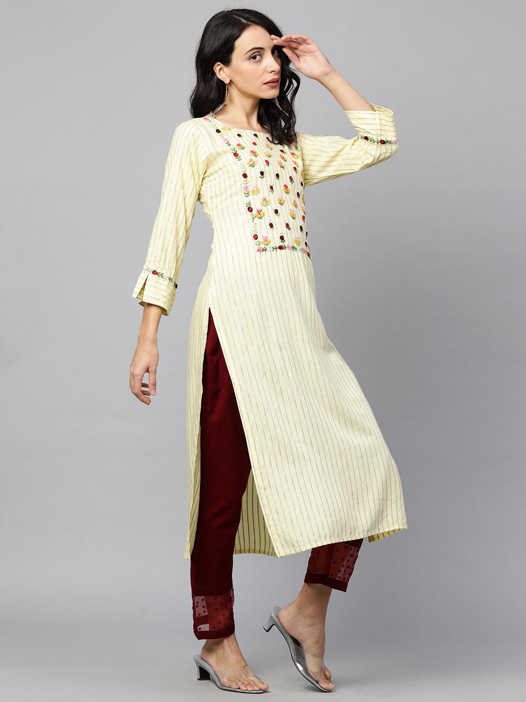 Floral Embroidered & Striped Straight Kurta with 2-Ply Mask - Pale Yellow - Indiakreations