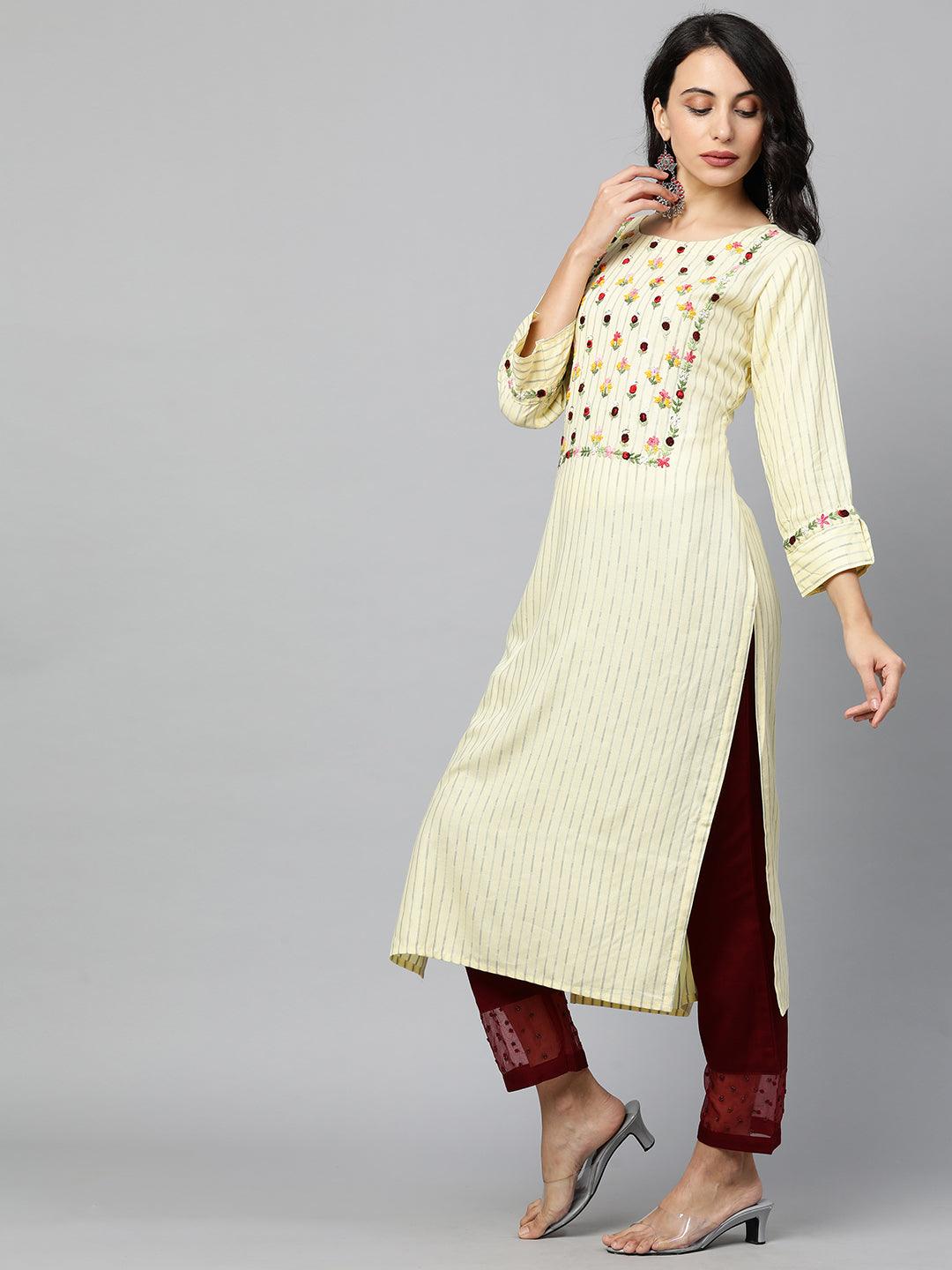 Floral Embroidered & Striped Straight Kurta with 2-Ply Mask - Pale Yellow - Indiakreations