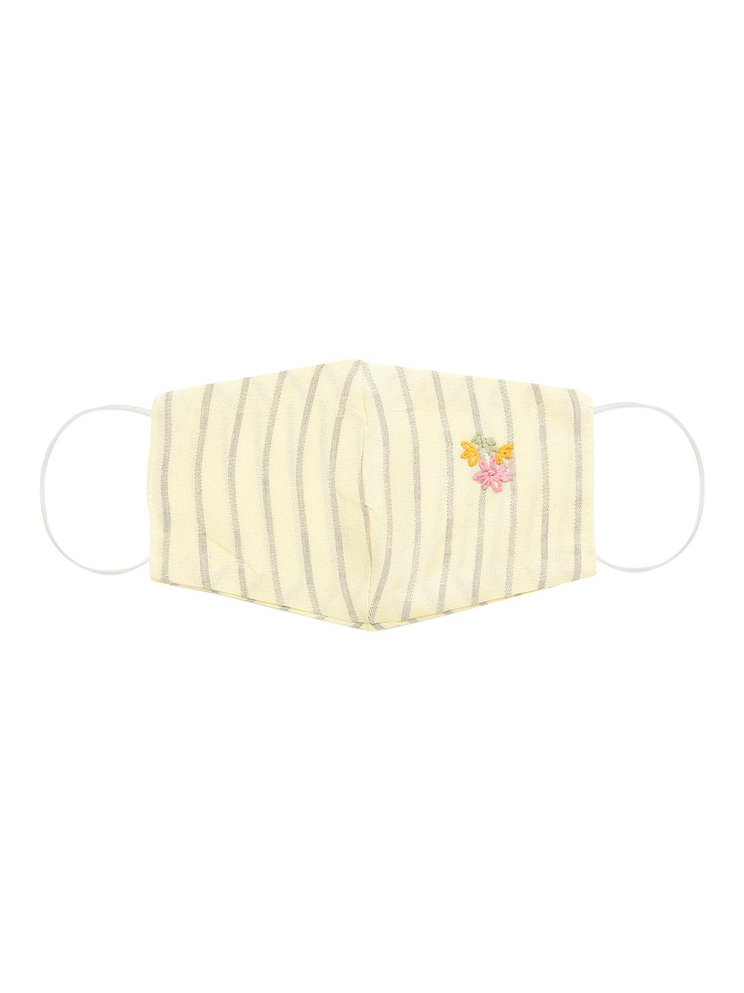 Floral Embroidered & Striped Straight Kurta with 2-Ply Mask - Pale Yellow - Indiakreations