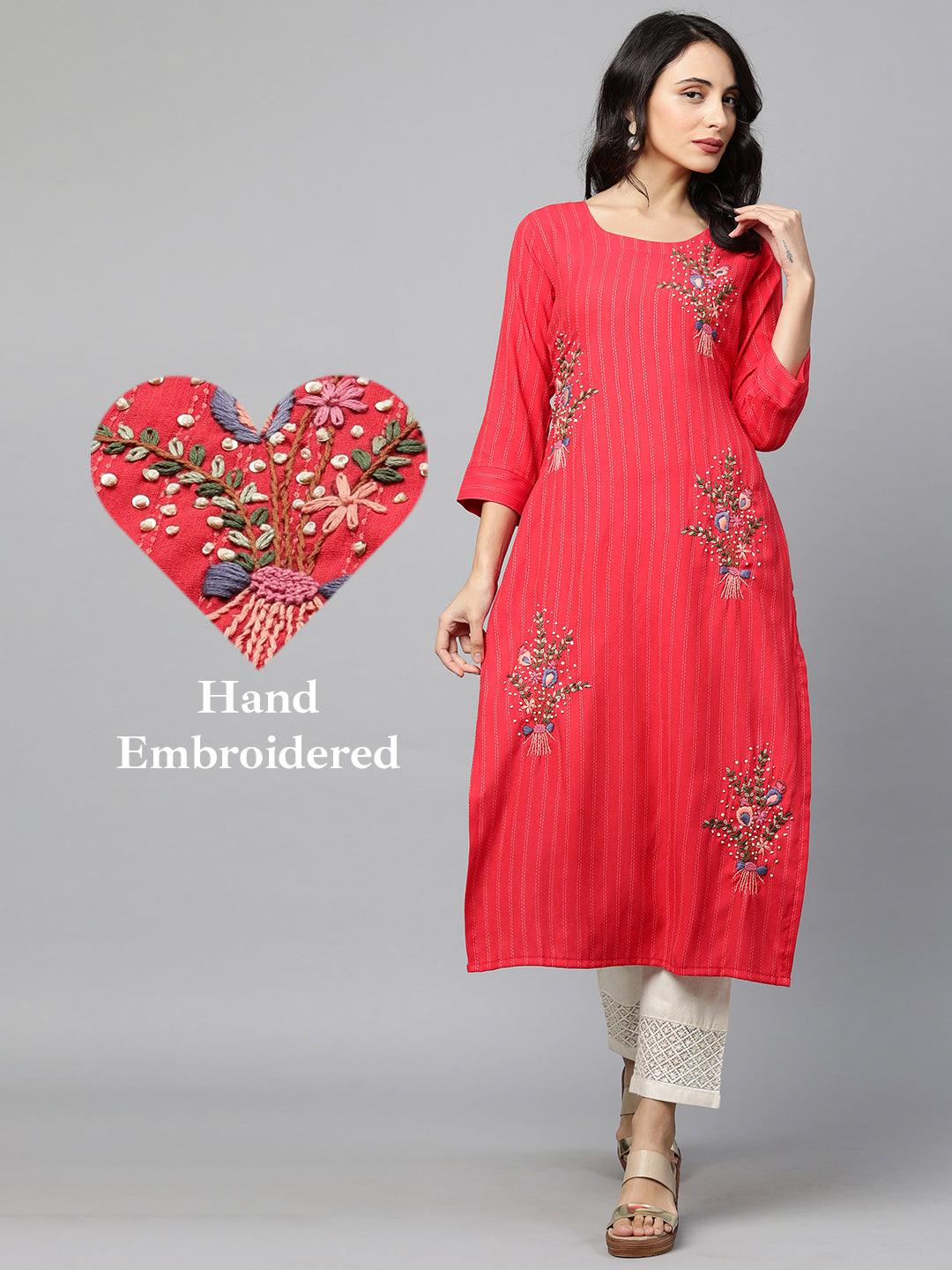 Floral Embroidered & Striped Straight Kurta with 2-Ply Mask - Red - Indiakreations