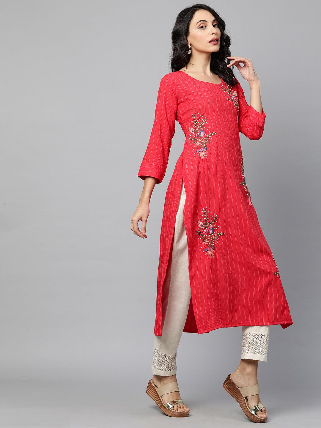 Floral Embroidered & Striped Straight Kurta with 2-Ply Mask - Red - Indiakreations