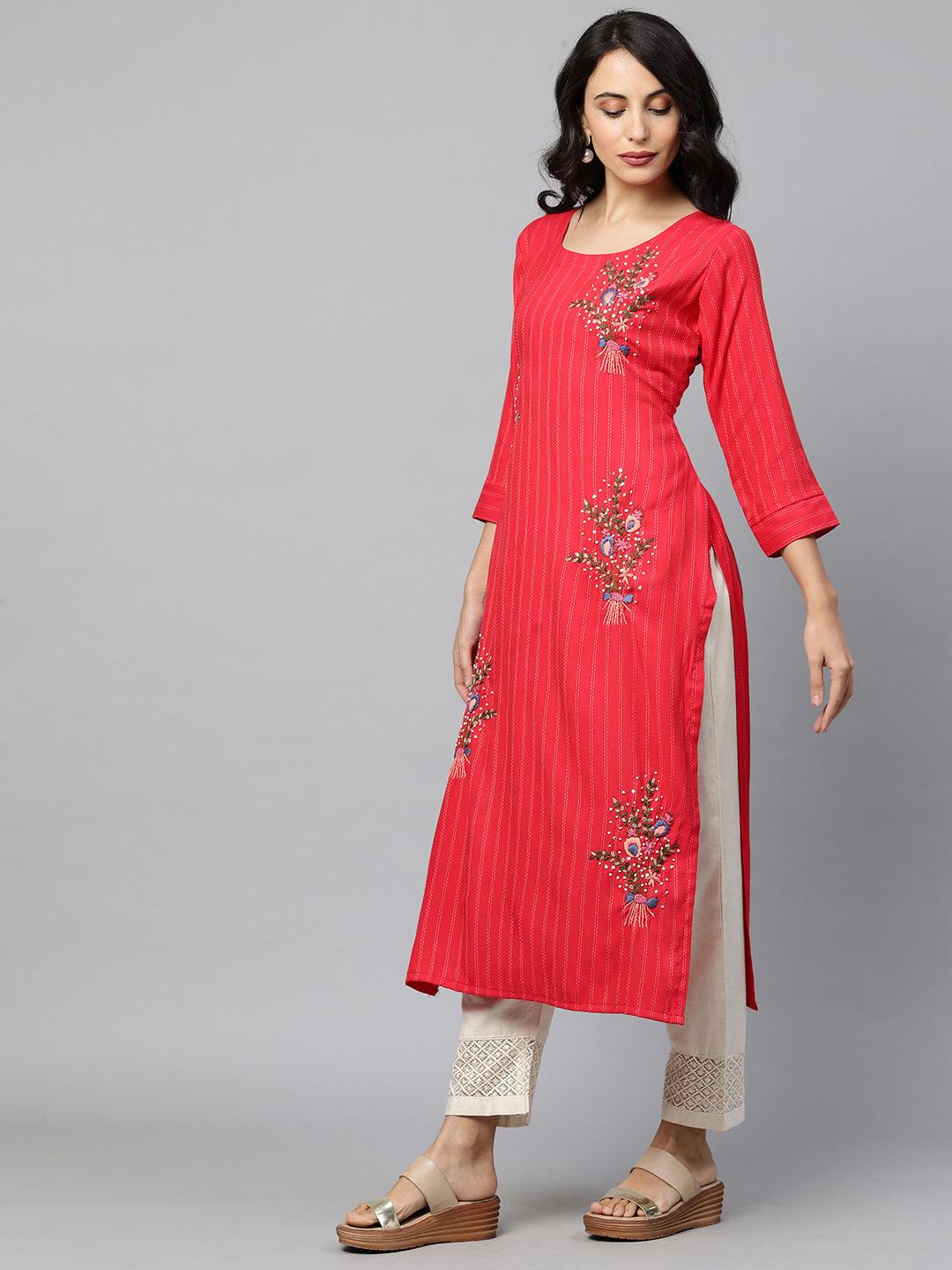 Floral Embroidered & Striped Straight Kurta with 2-Ply Mask - Red - Indiakreations