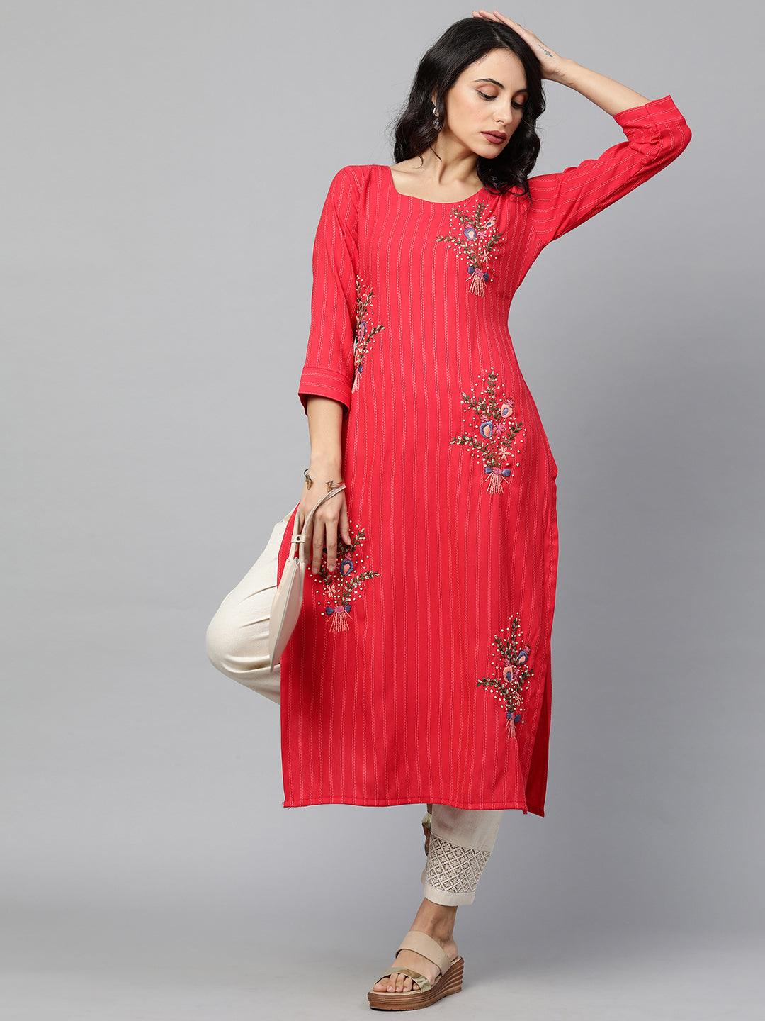 Floral Embroidered & Striped Straight Kurta with 2-Ply Mask - Red - Indiakreations