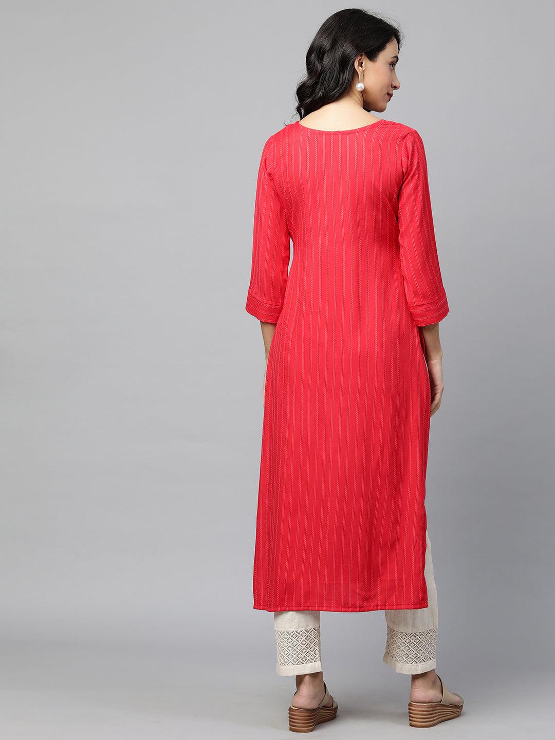 Floral Embroidered & Striped Straight Kurta with 2-Ply Mask - Red - Indiakreations