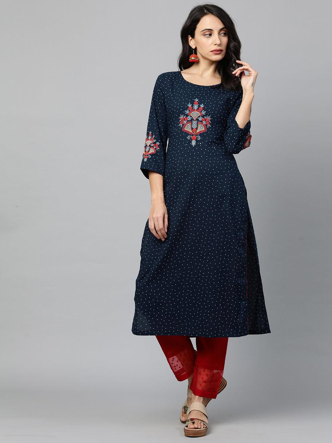 Floral Embroidered Polka Dot Kurta - Navy Blue - Indiakreations