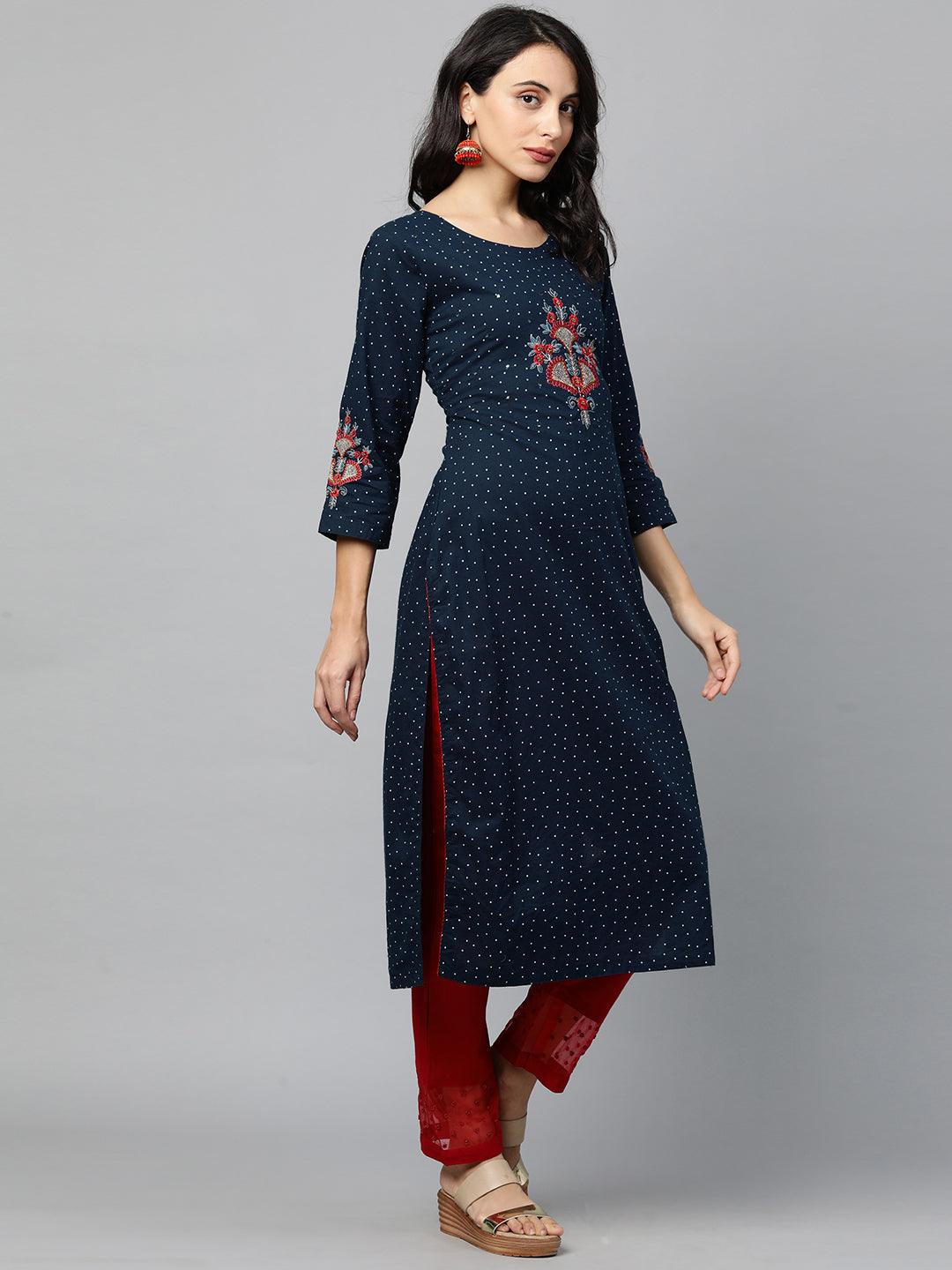 Floral Embroidered Polka Dot Kurta - Navy Blue - Indiakreations