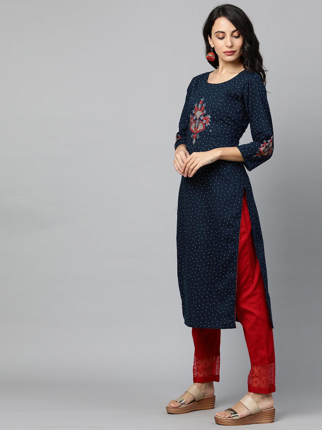 Floral Embroidered Polka Dot Kurta - Navy Blue - Indiakreations