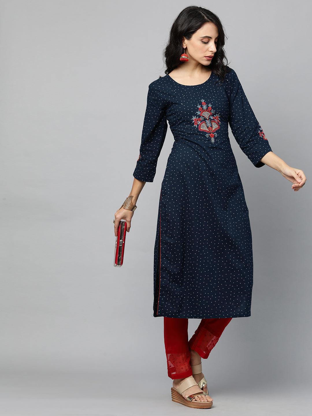 Floral Embroidered Polka Dot Kurta - Navy Blue - Indiakreations