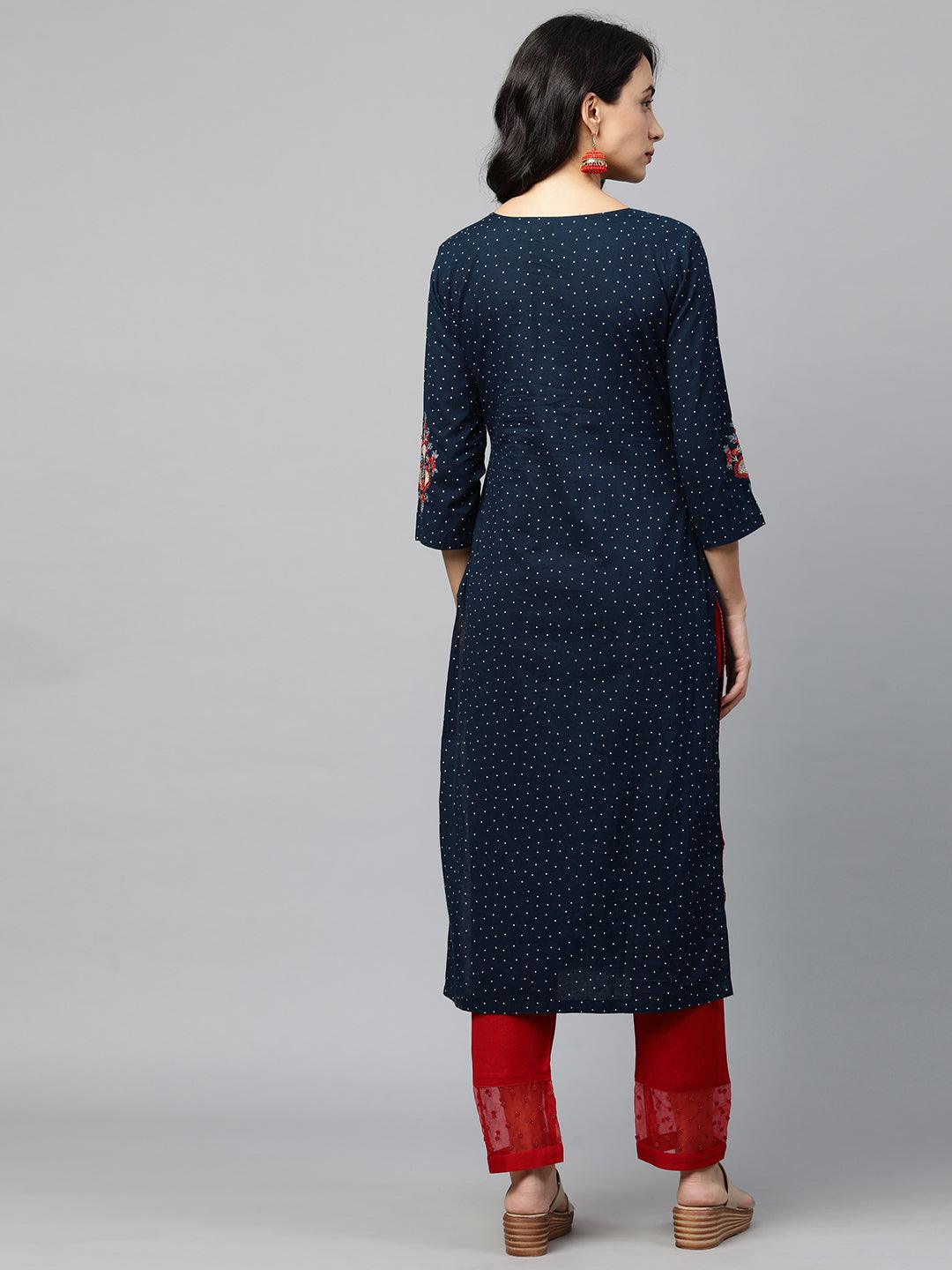 Floral Embroidered Polka Dot Kurta - Navy Blue - Indiakreations