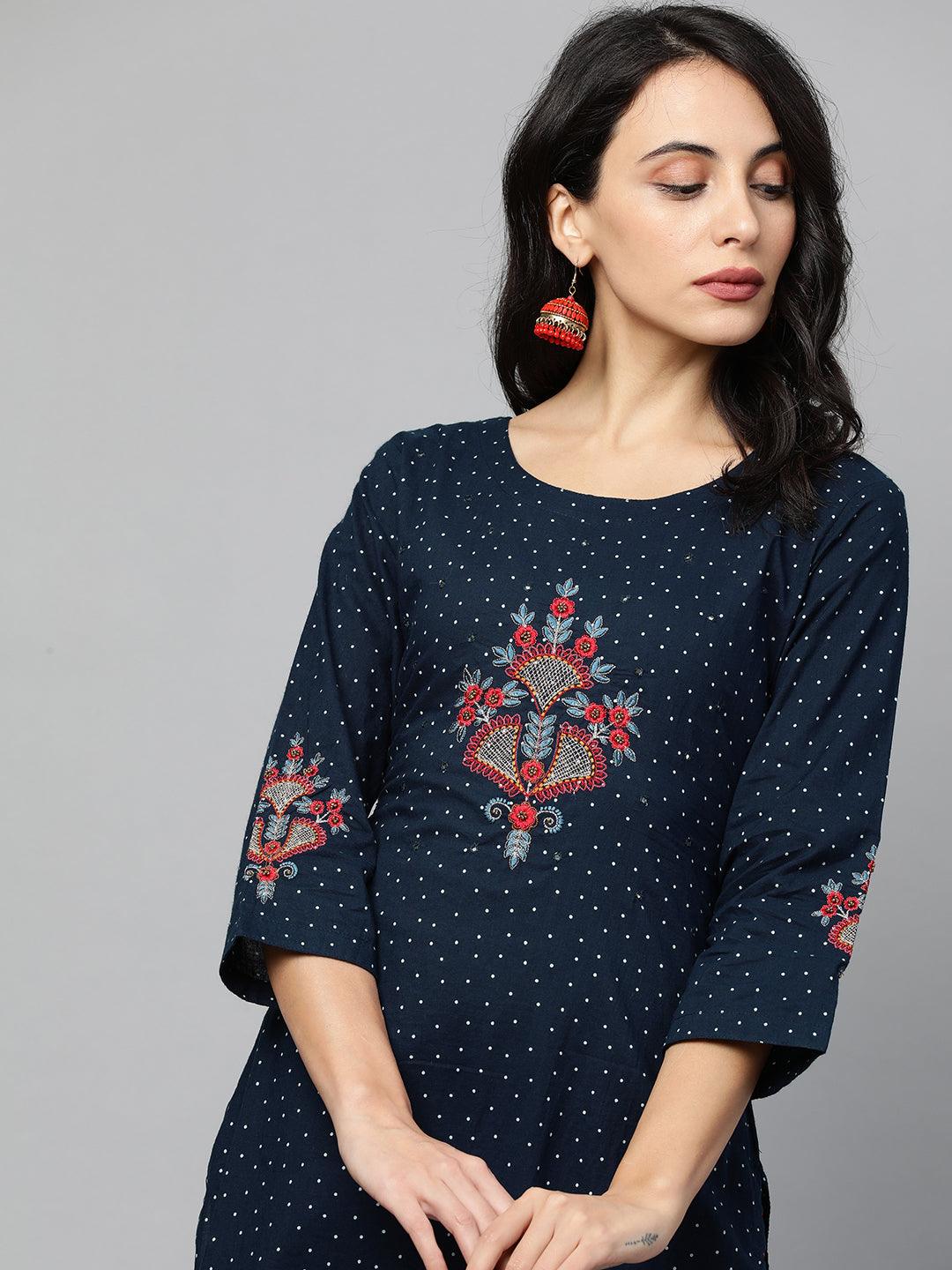 Floral Embroidered Polka Dot Kurta - Navy Blue - Indiakreations