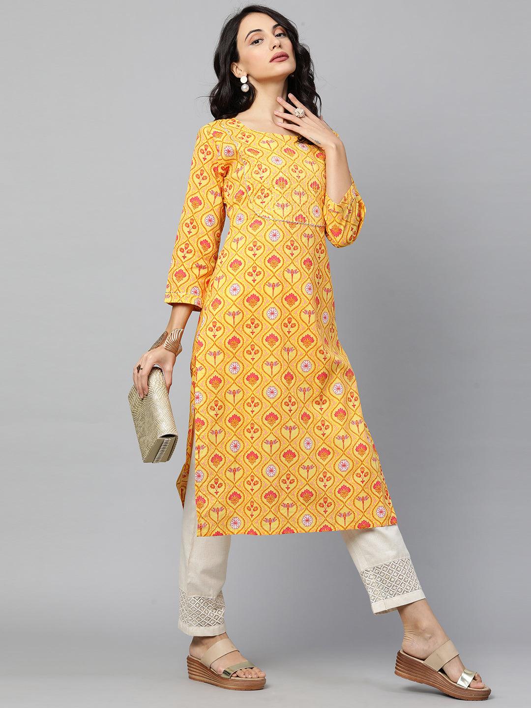 Floral Printed & Sequin Embroidered Straight Kurta – Yellow - Indiakreations