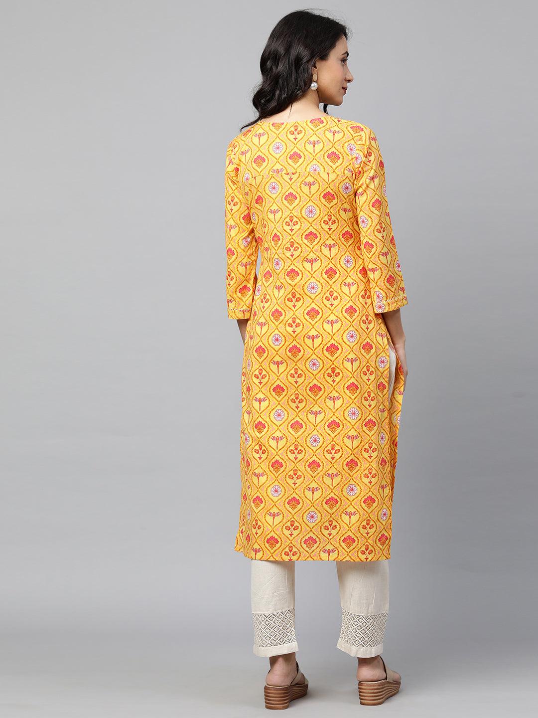 Floral Printed & Sequin Embroidered Straight Kurta – Yellow - Indiakreations