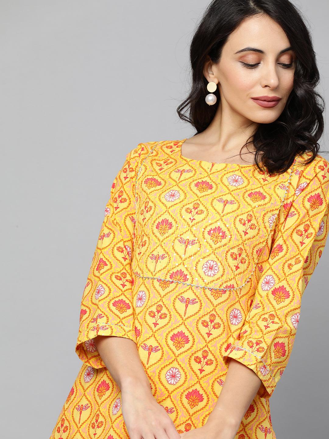 Floral Printed & Sequin Embroidered Straight Kurta – Yellow - Indiakreations