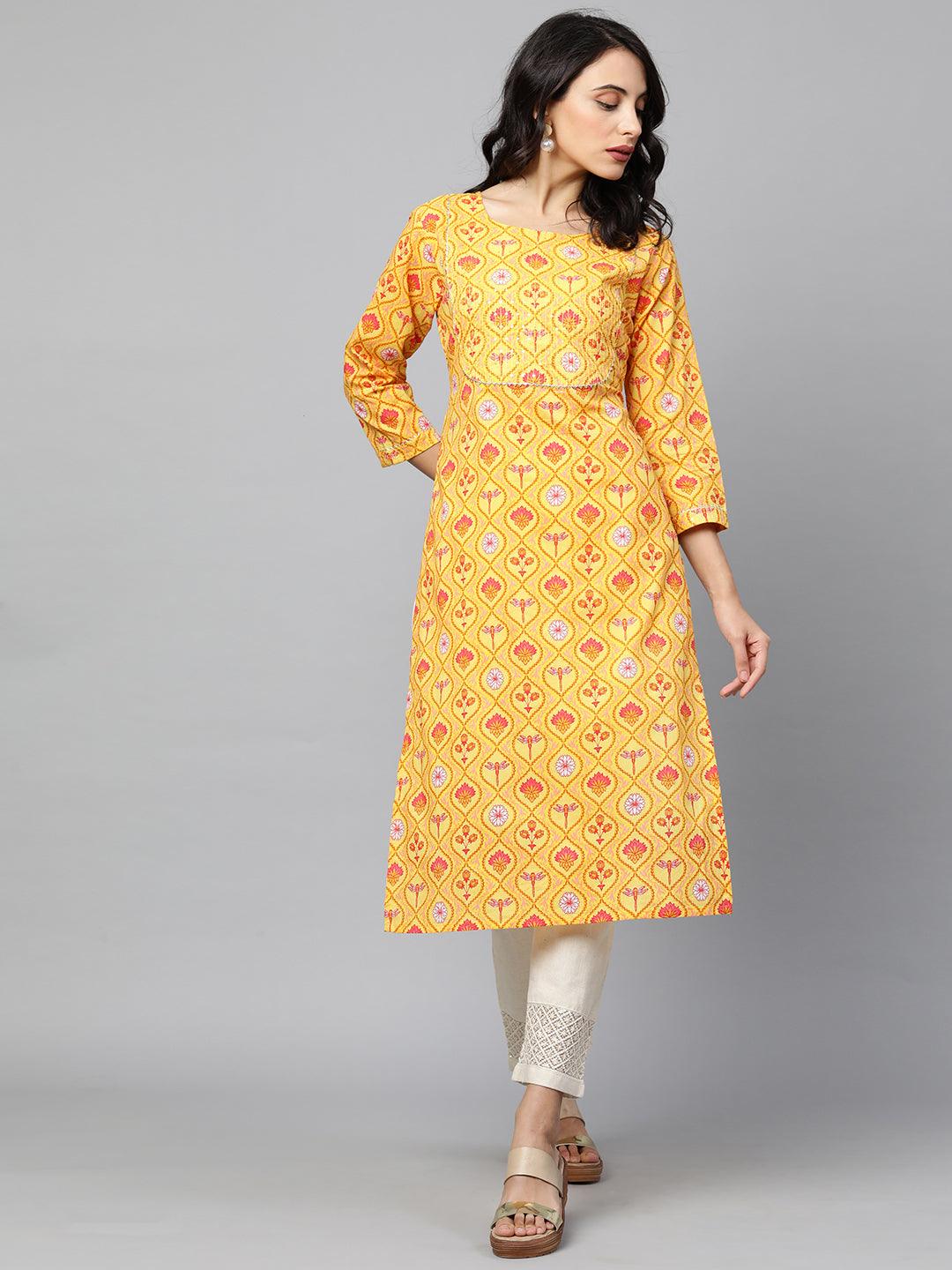 Floral Printed & Sequin Embroidered Straight Kurta – Yellow - Indiakreations