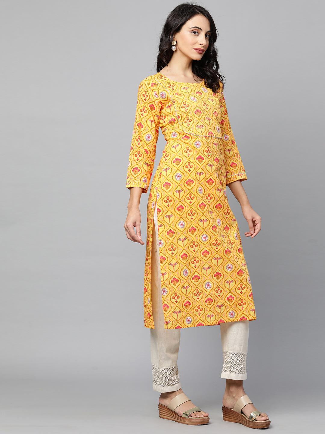 Floral Printed & Sequin Embroidered Straight Kurta – Yellow - Indiakreations