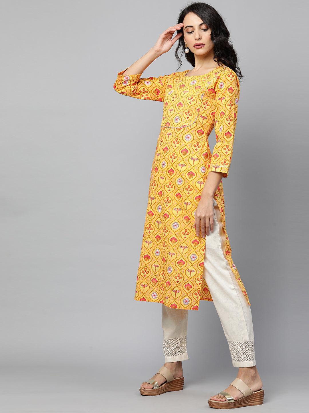 Floral Printed & Sequin Embroidered Straight Kurta – Yellow - Indiakreations