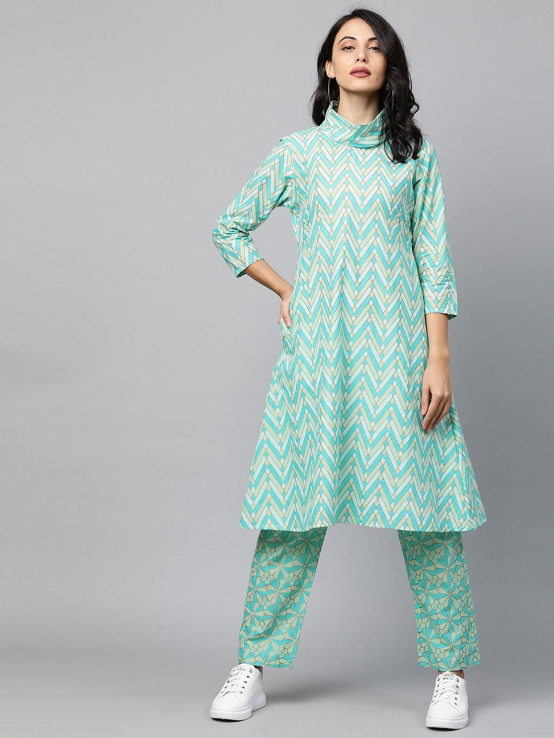 Ethnic Printed A-Line Kurta with Pant – Multi - Indiakreations