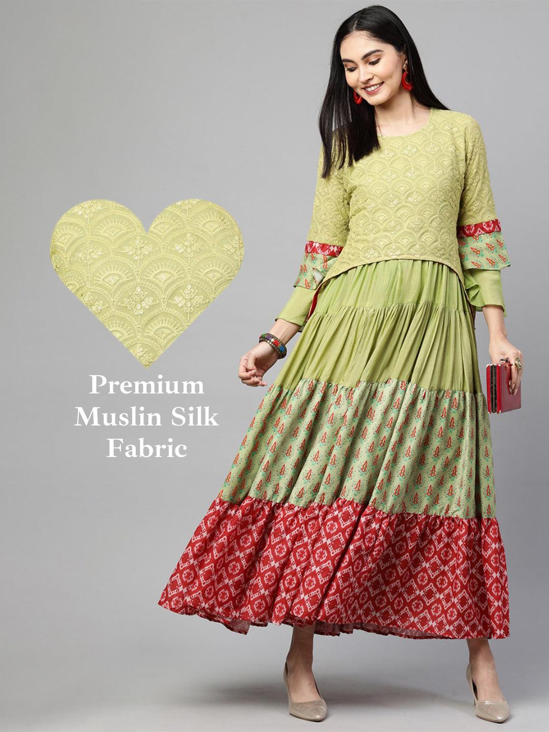 Ethnic Printed & Embroidered Layered Maxi Dress - Green - Indiakreations