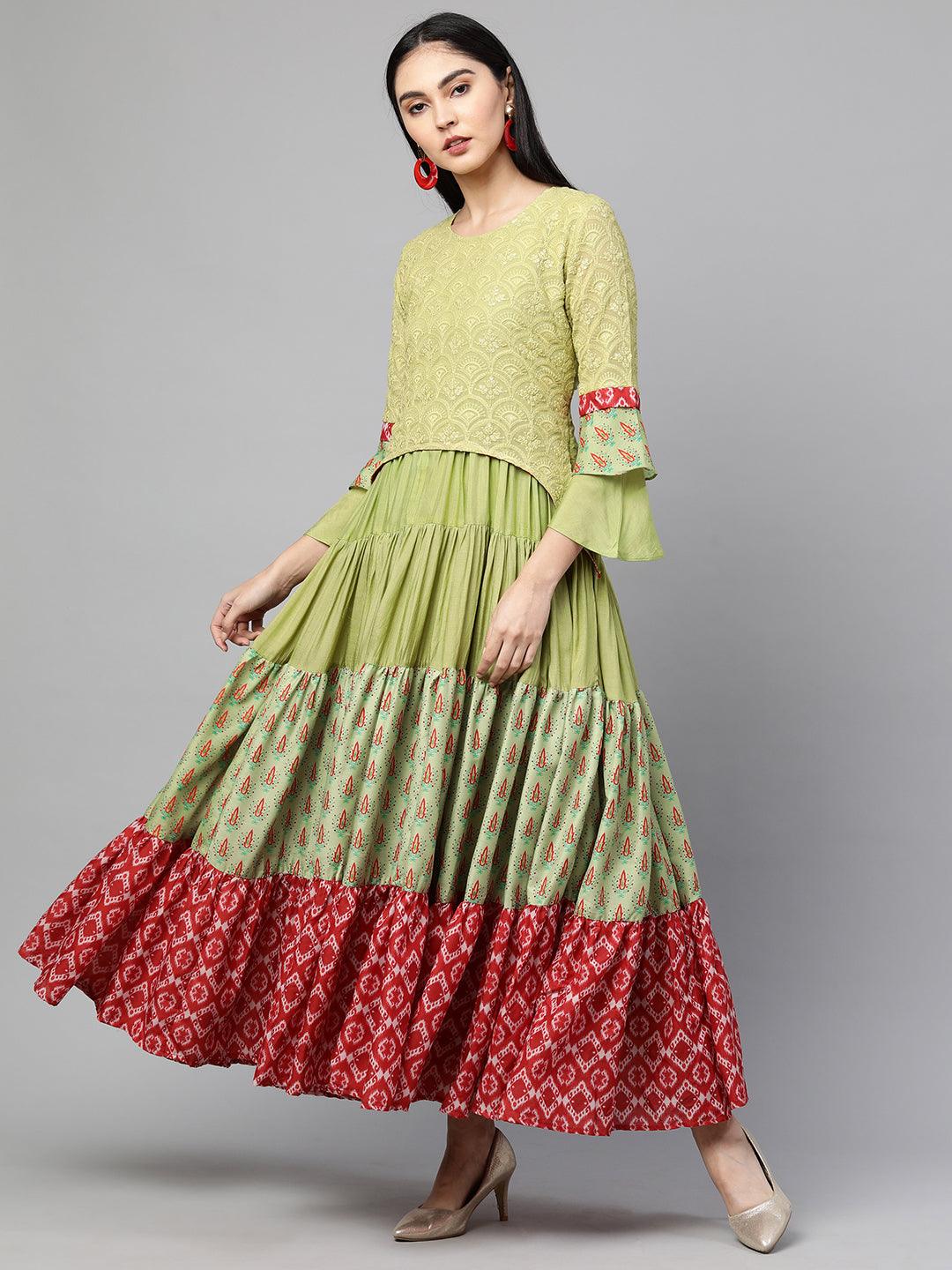 Ethnic Printed & Embroidered Layered Maxi Dress - Green - Indiakreations