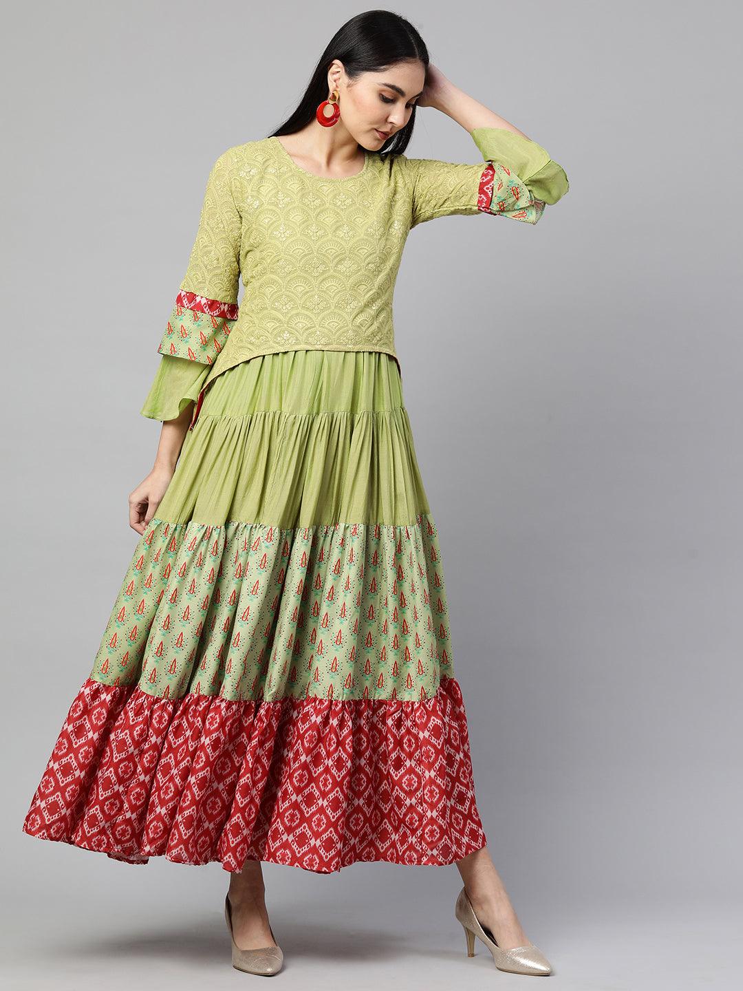 Ethnic Printed & Embroidered Layered Maxi Dress - Green - Indiakreations