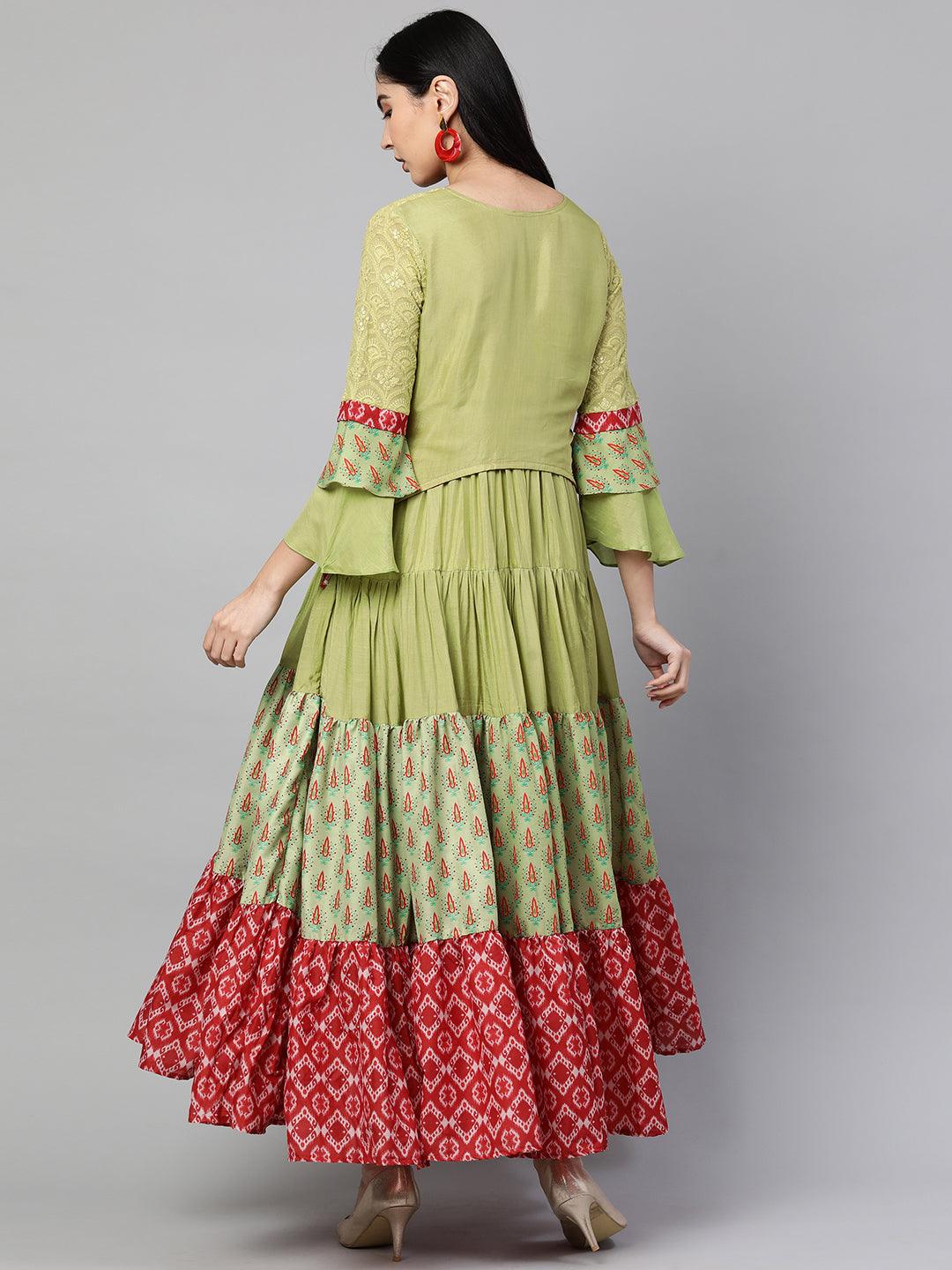 Ethnic Printed & Embroidered Layered Maxi Dress - Green - Indiakreations