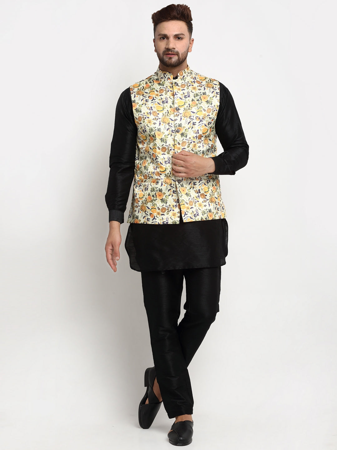 Men's Silk Blend Black Kurta With Pyjama & Lime Green Printed Nehru Jacket - Benstoke