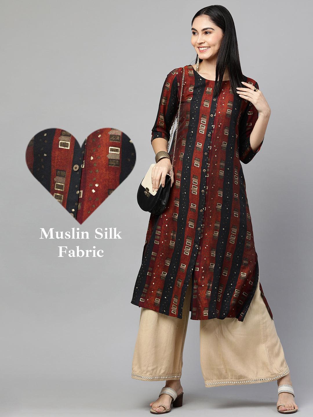 Striped & Foil Printed Straight Kurta - Multi - Indiakreations