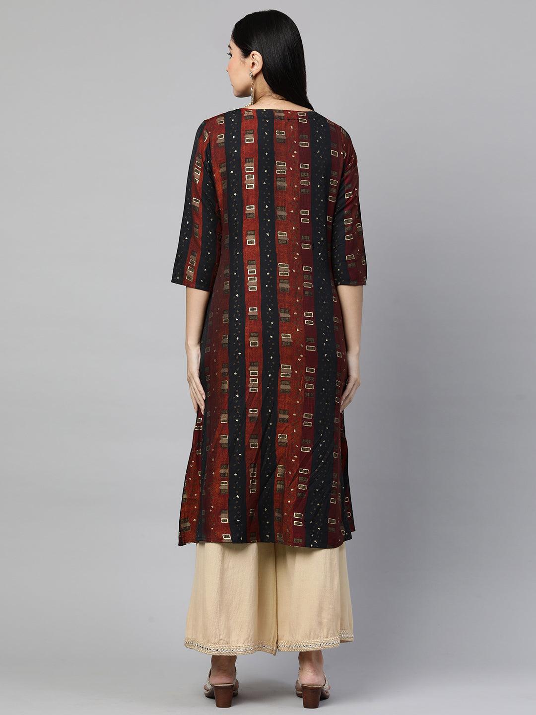 Striped & Foil Printed Straight Kurta - Multi - Indiakreations