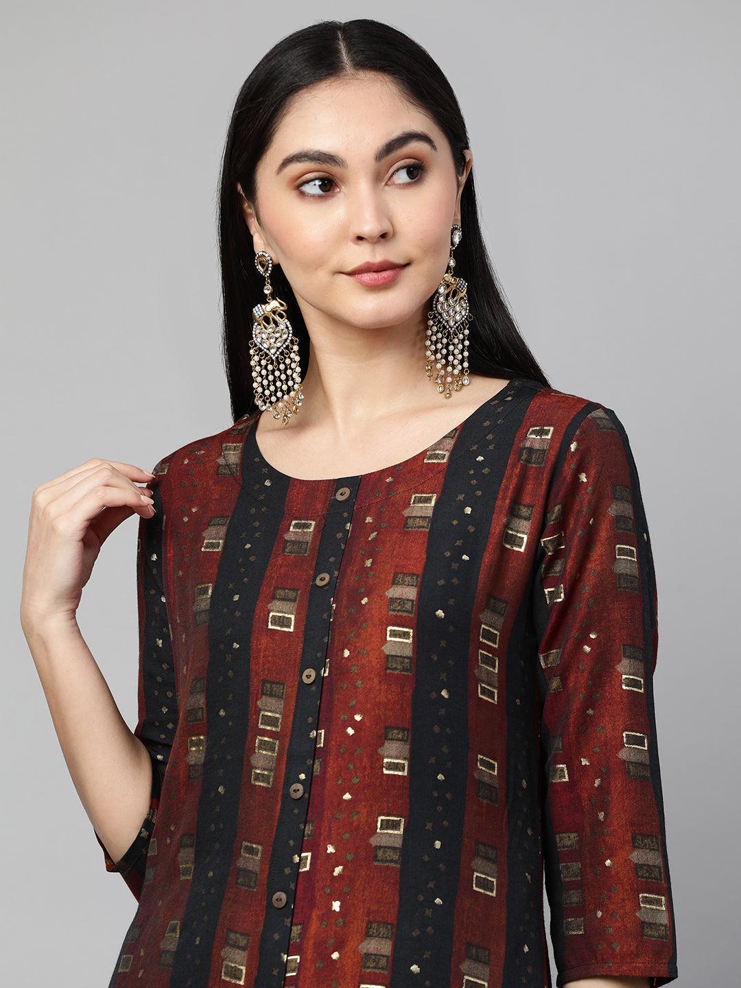 Striped & Foil Printed Straight Kurta - Multi - Indiakreations