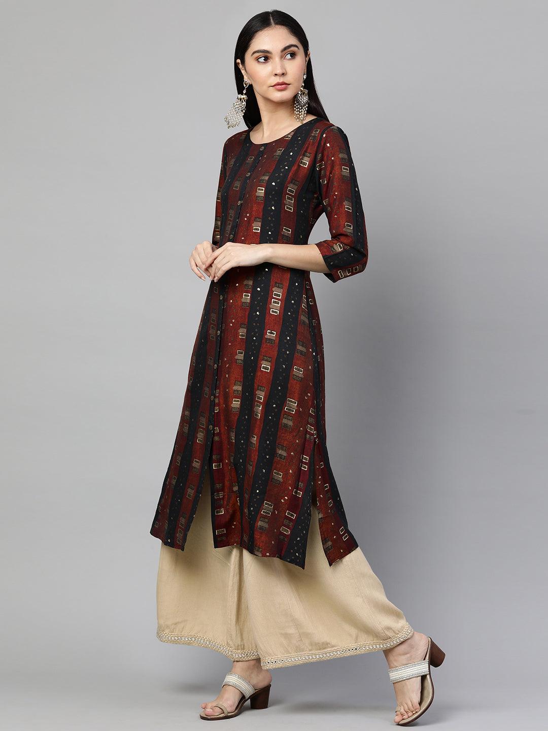 Striped & Foil Printed Straight Kurta - Multi - Indiakreations