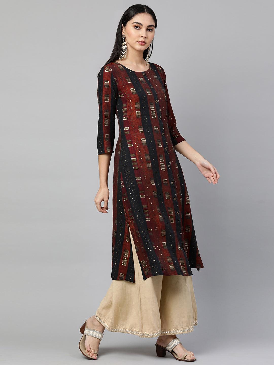 Striped & Foil Printed Straight Kurta - Multi - Indiakreations