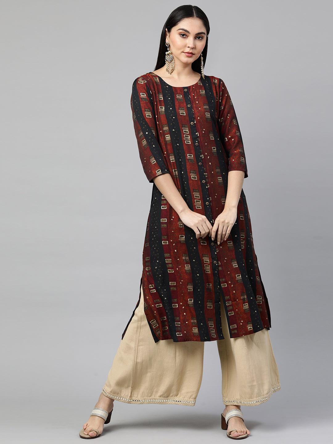 Striped & Foil Printed Straight Kurta - Multi - Indiakreations