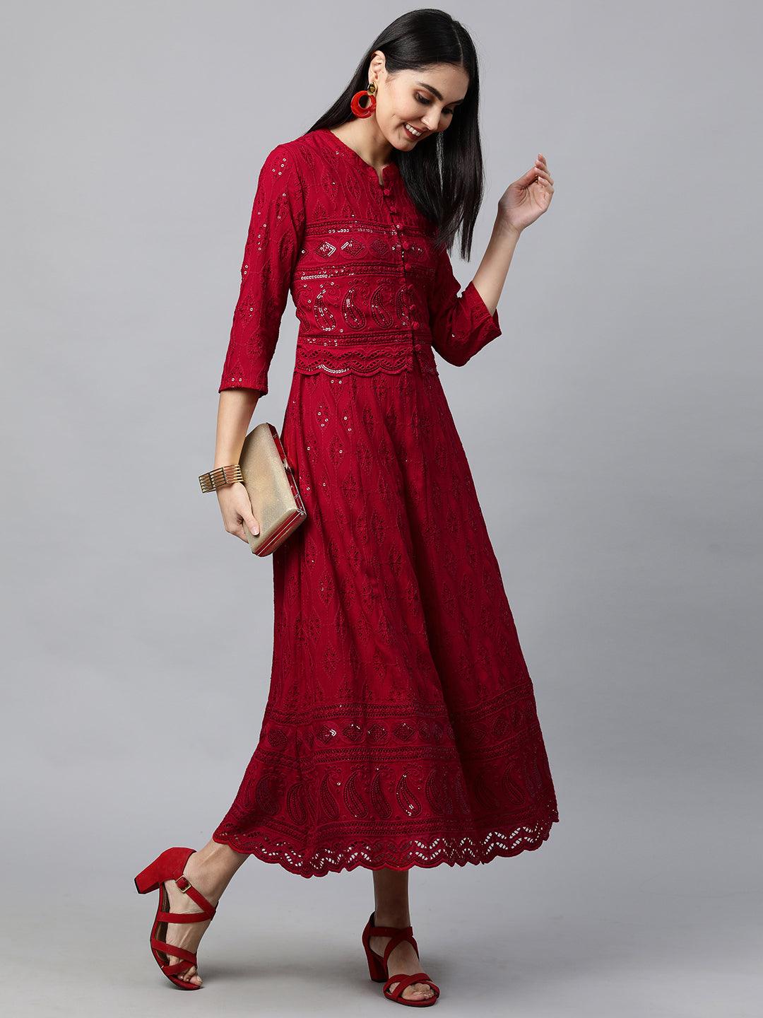 Chikankari Embroidered Maxi Dress with Jacket - Deep Red - Indiakreations