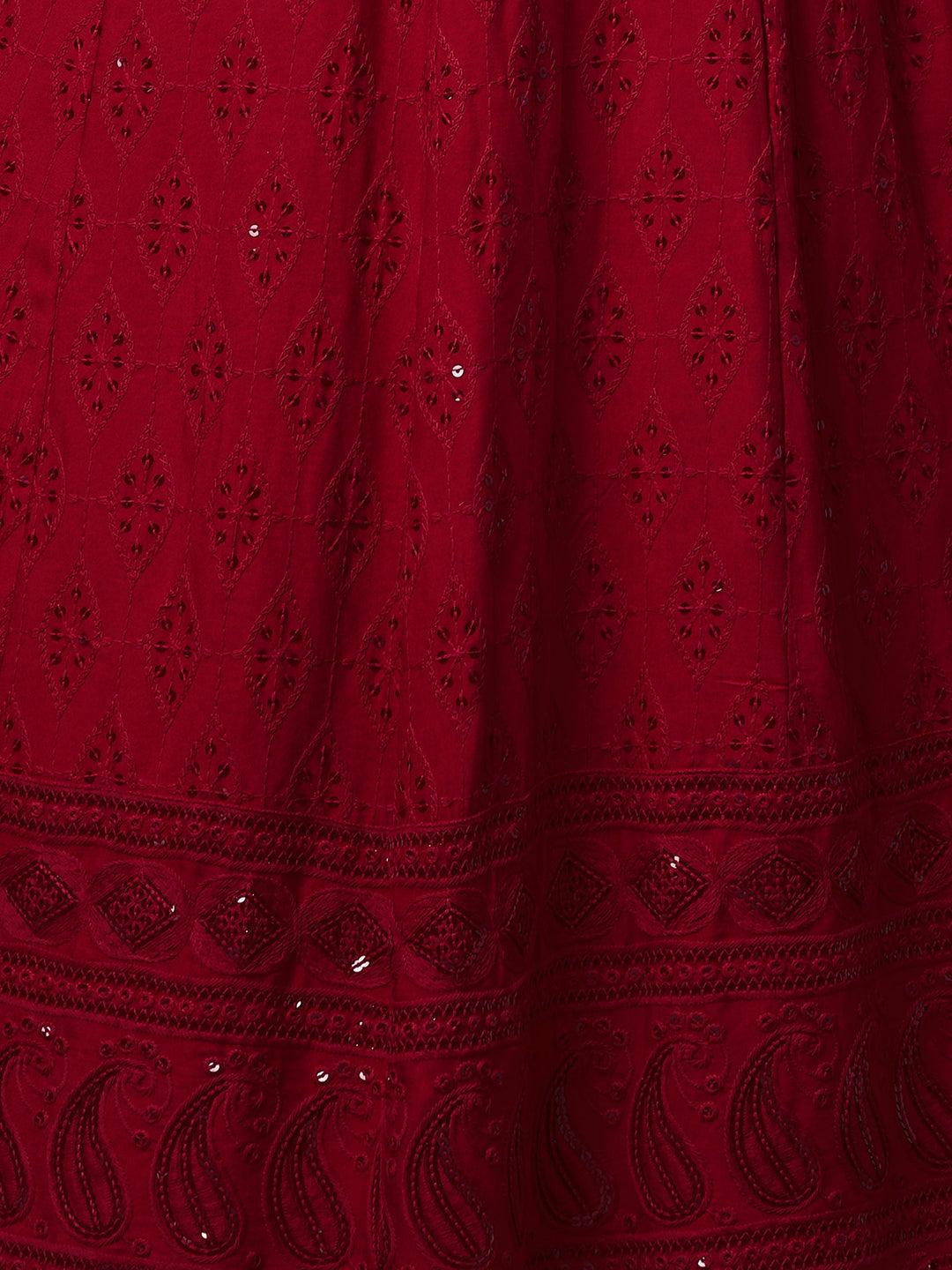 Chikankari Embroidered Maxi Dress with Jacket - Deep Red - Indiakreations