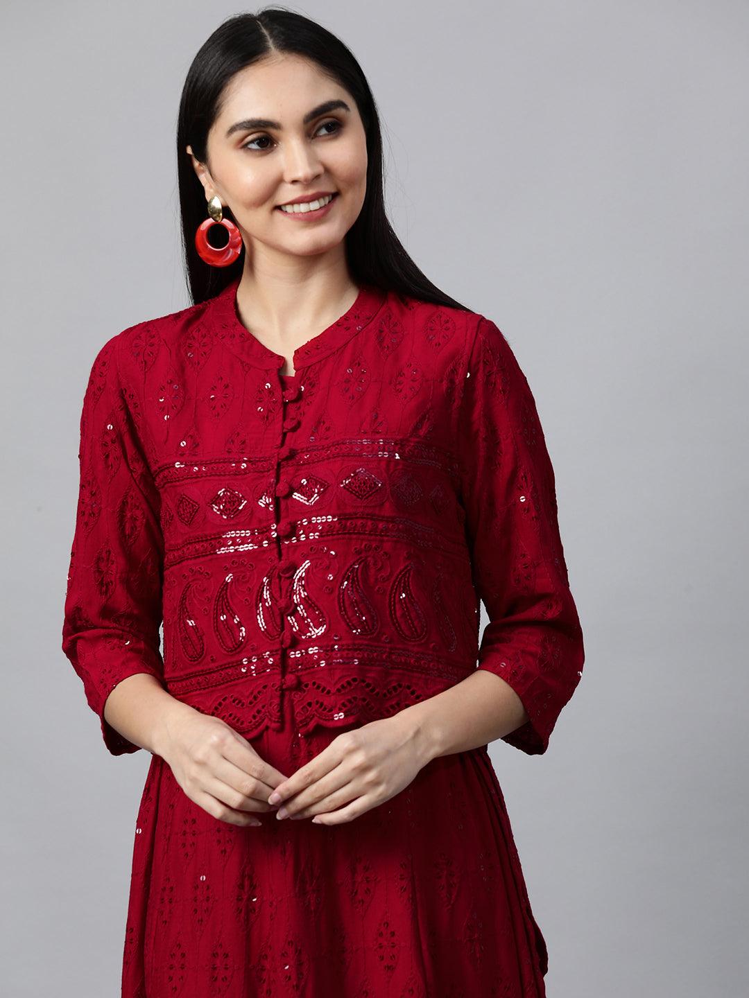 Chikankari Embroidered Maxi Dress with Jacket - Deep Red - Indiakreations