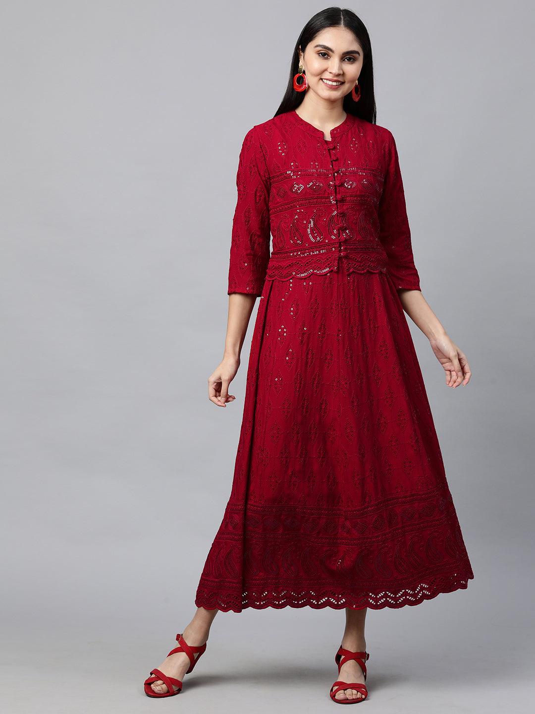 Chikankari Embroidered Maxi Dress with Jacket - Deep Red - Indiakreations