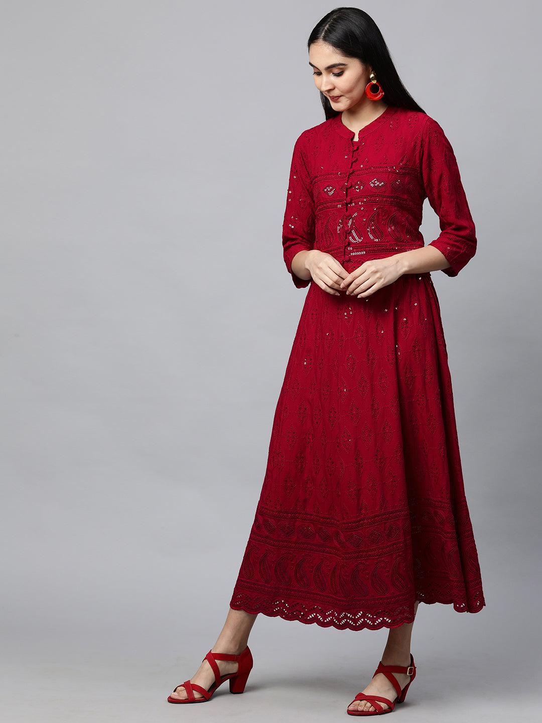 Chikankari Embroidered Maxi Dress with Jacket - Deep Red - Indiakreations