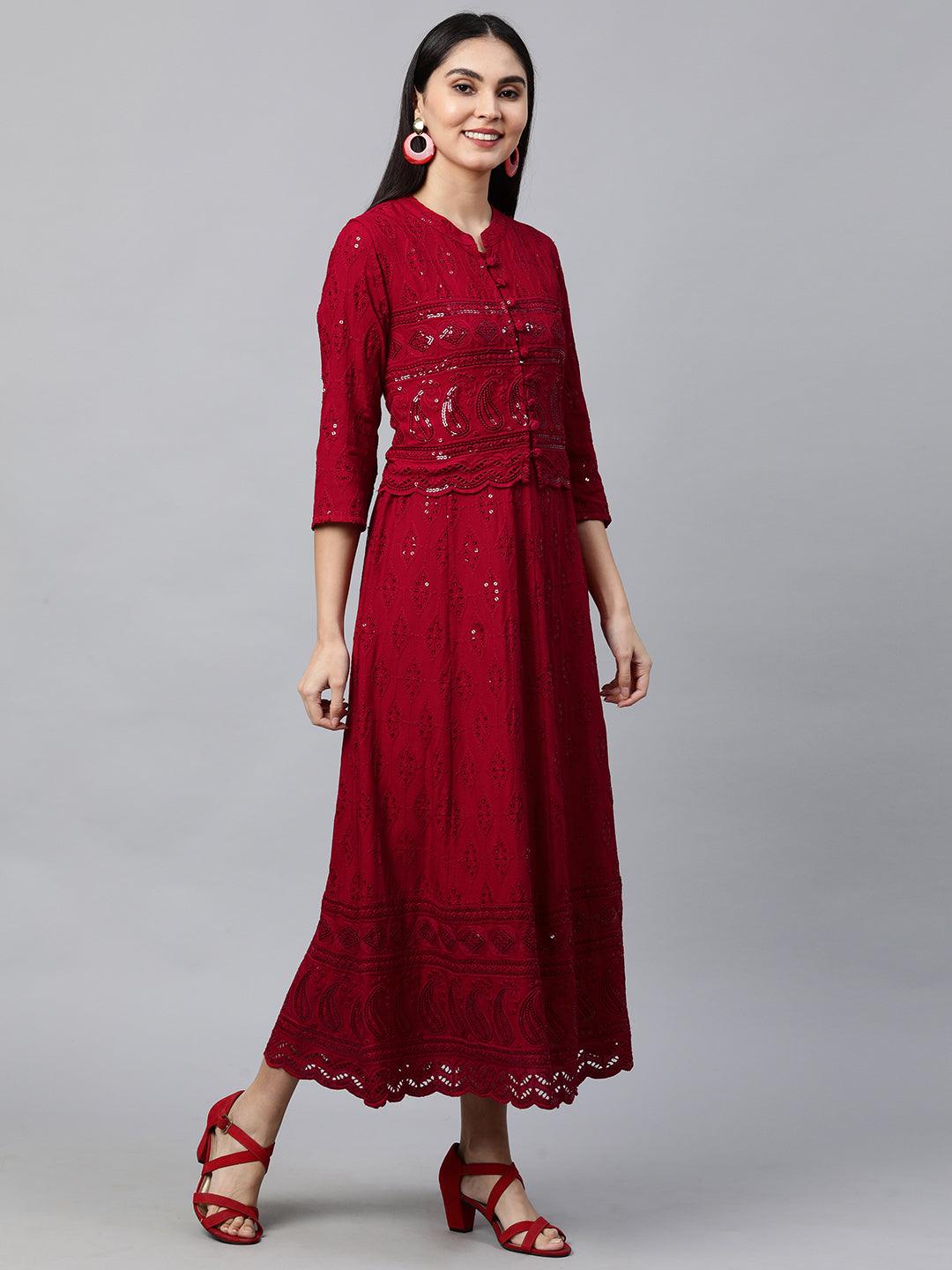 Chikankari Embroidered Maxi Dress with Jacket - Deep Red - Indiakreations