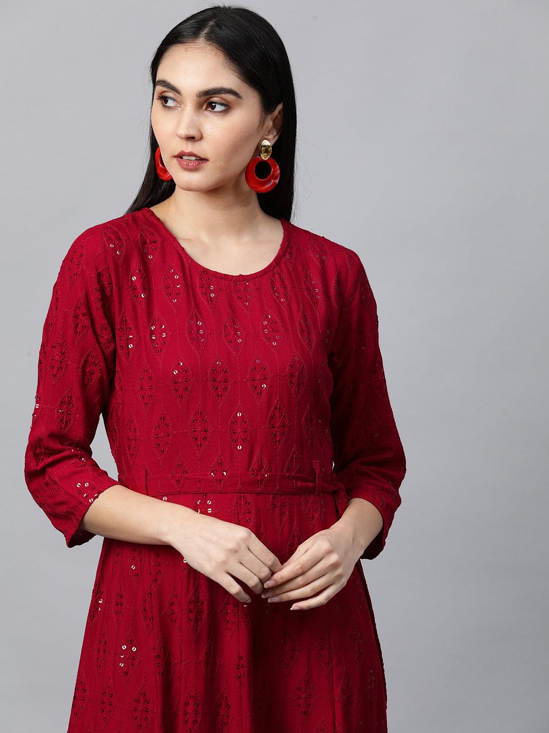 Chikankari Embroidered Maxi Dress with Jacket - Deep Red - Indiakreations