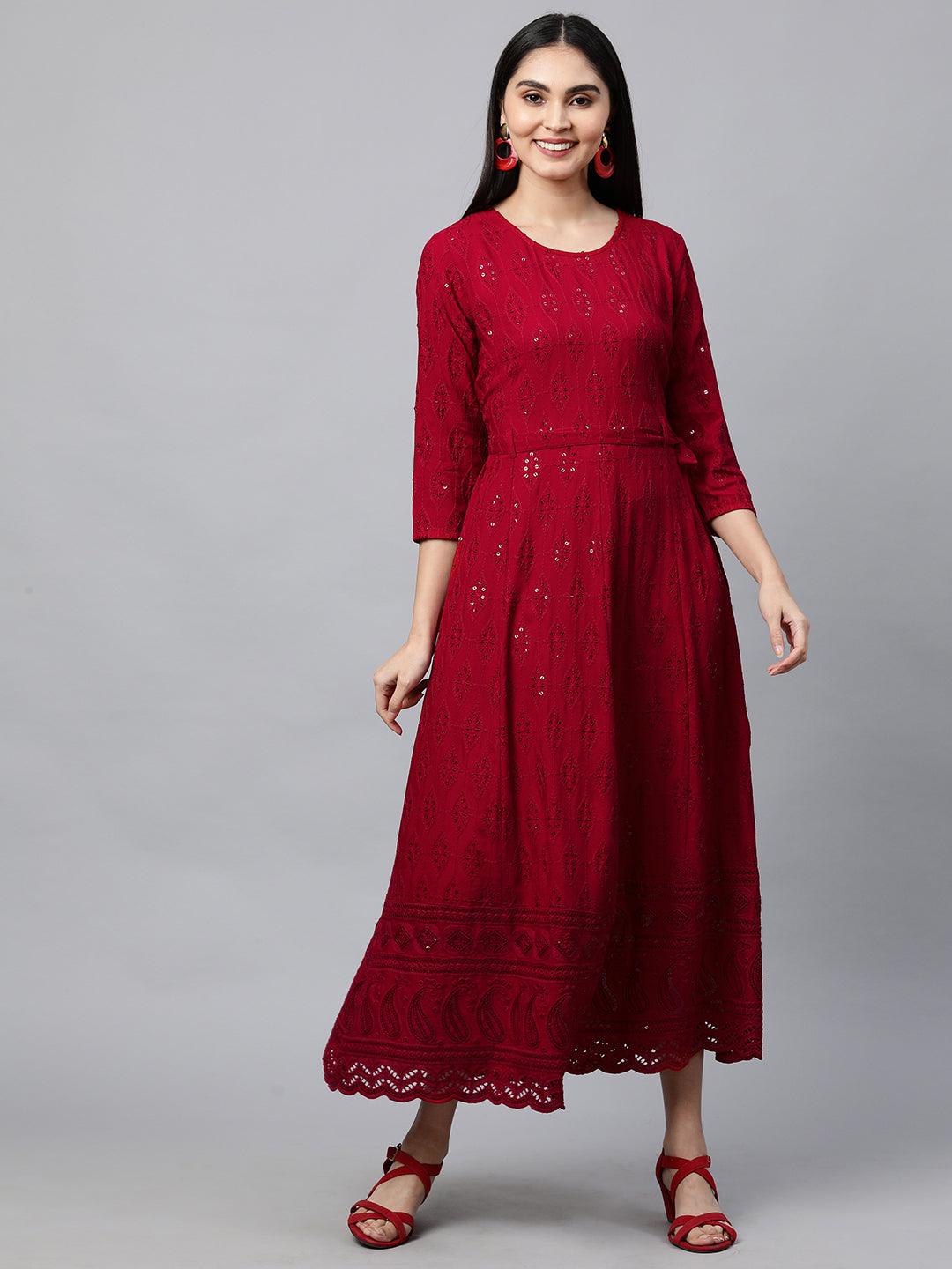 Chikankari Embroidered Maxi Dress with Jacket - Deep Red - Indiakreations