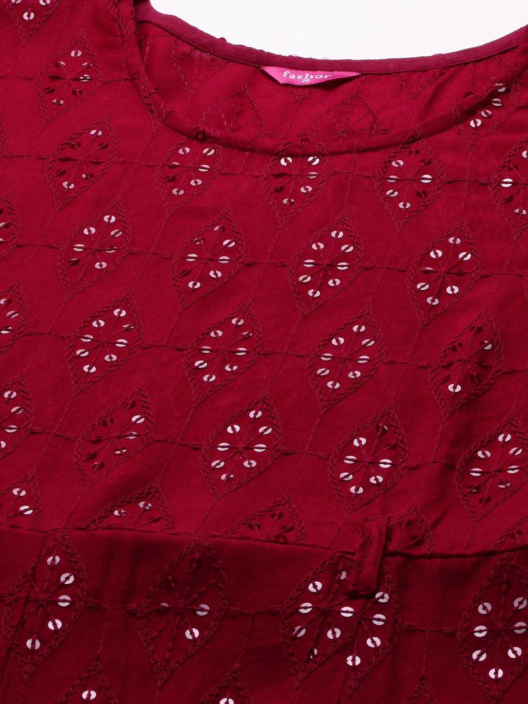 Chikankari Embroidered Maxi Dress with Jacket - Deep Red - Indiakreations