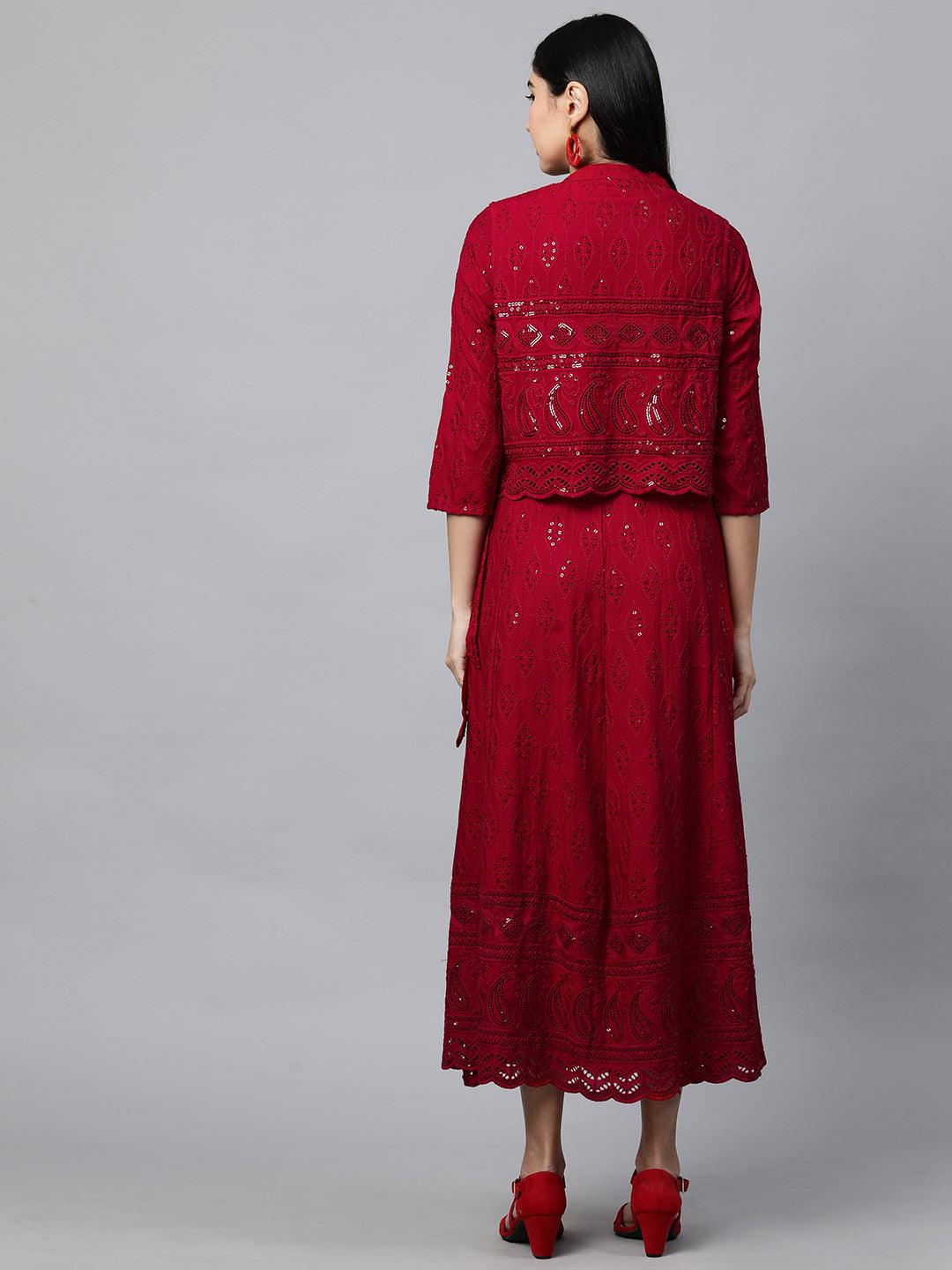 Chikankari Embroidered Maxi Dress with Jacket - Deep Red - Indiakreations